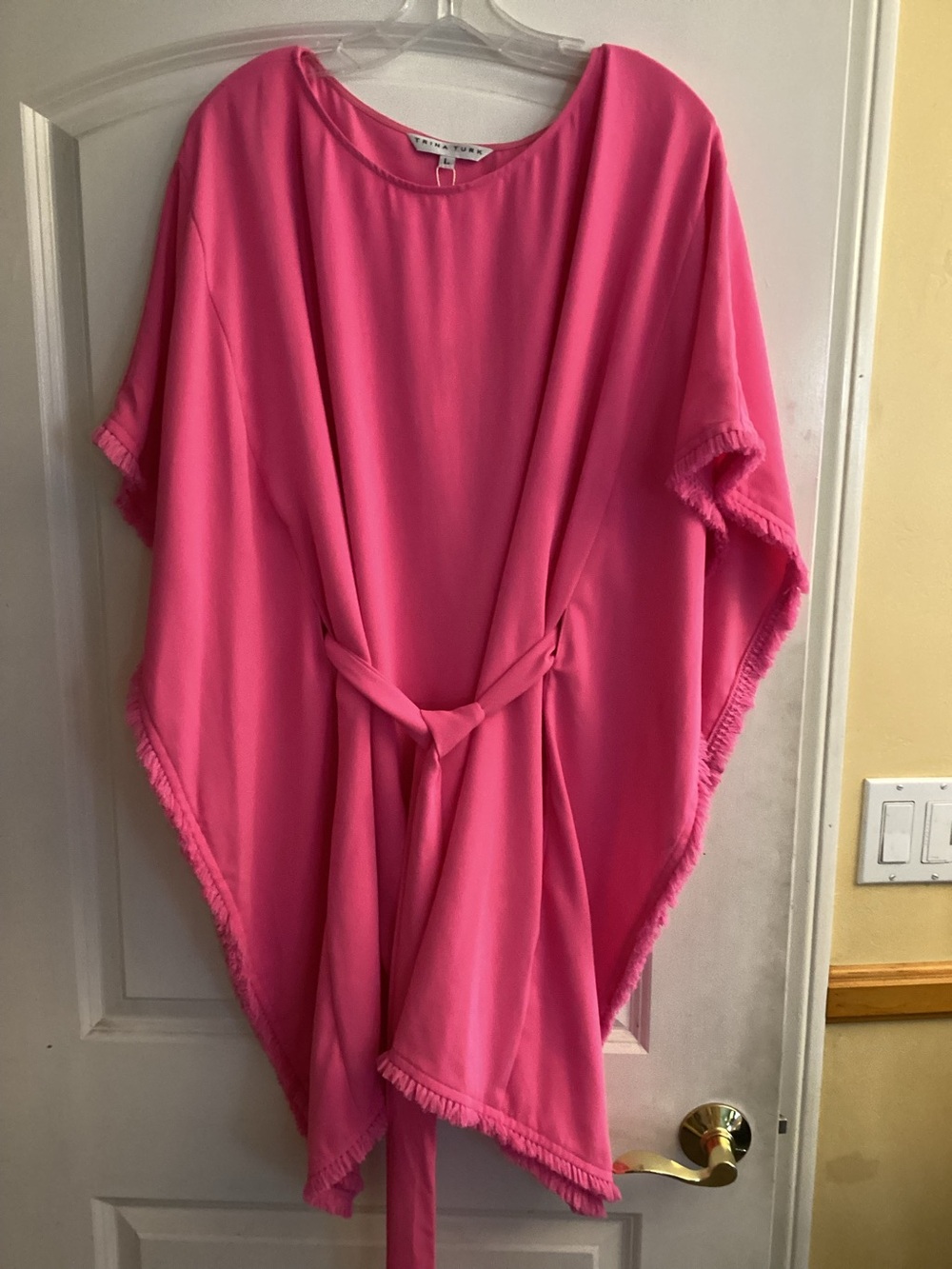 Trina Turk Ray Pink Fringe Caftan Belted Tunic Dress NWT Size L